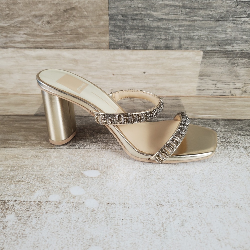 Dolce Vita Nolah Women Sandal Sz 6.5 Gold Metallic Slip On Square Toe Block Heel